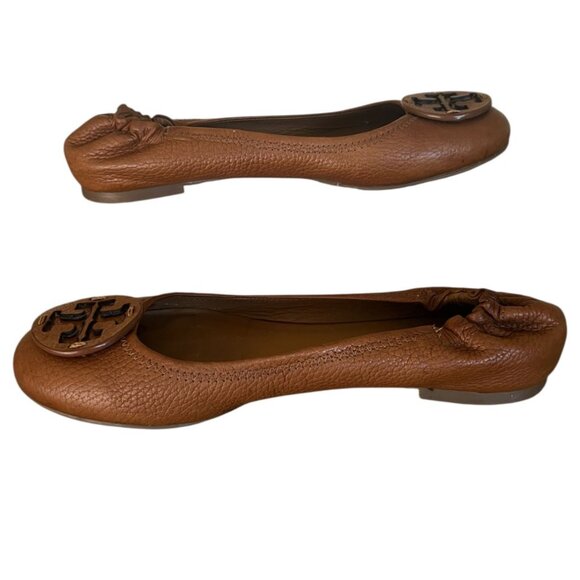 Tory Burch Women's Casual Shoes Reva Flat Tan Logo Leather Size 7 - Picture 6 of 10
